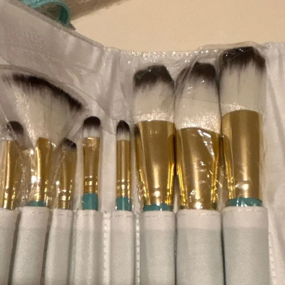 Carmindy & Co Make Up Brush Set White Teal Blue Roll Up Travel Storage Pouch New